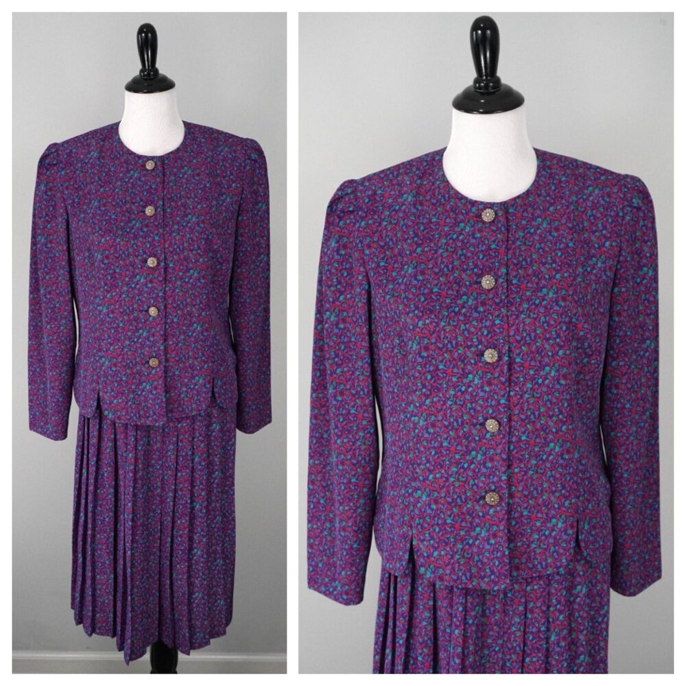 Vtg Lesley Faye Button Up Jacket Skirt Suit Purple Green 80s 2pc Size 12P